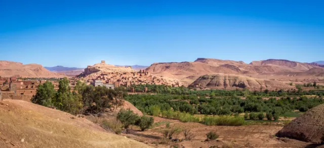 Wide view of Ait Ben Haddou, its palm trees and the hills around it
